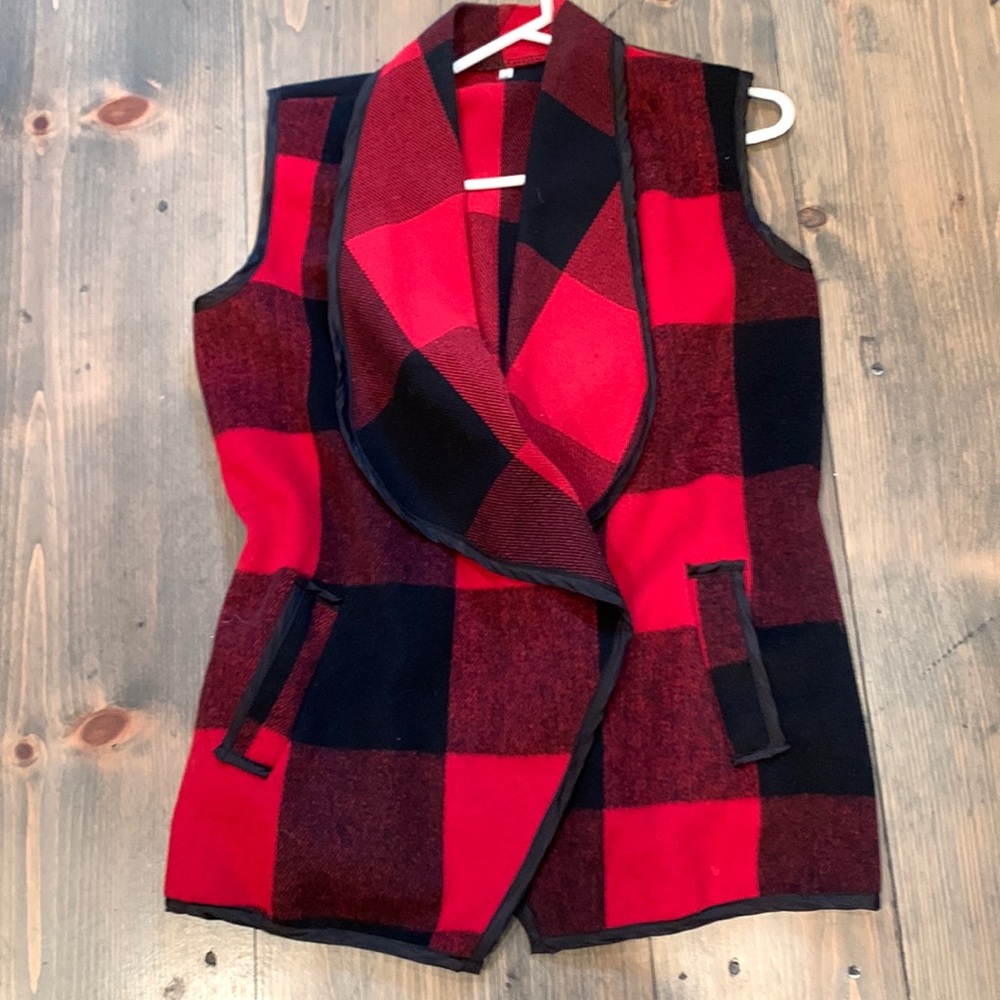 Womens red & black long vest